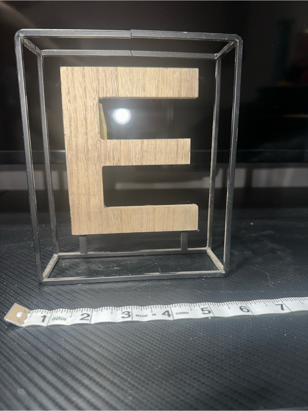 Wooden Letter E in Black Metal Cube Frame Accent